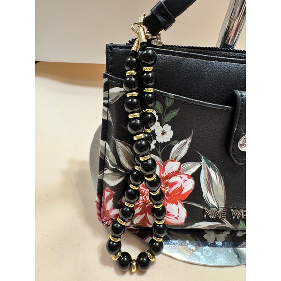 Nine West Handbags - Nine West Floral Wristlet Wallet Black Faux Leather Beaded Strap